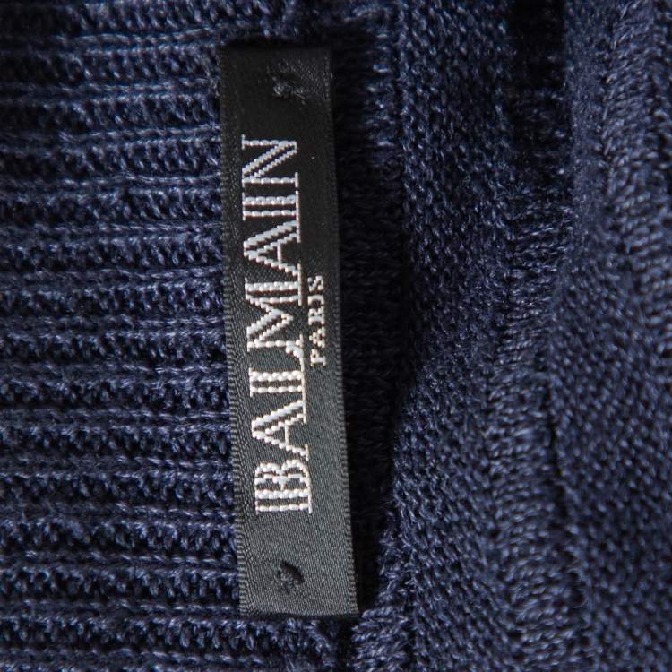 Pre Owned Balmain Navy Blue Linen Knit Shoulder Button Detail Distressed Sweater L
