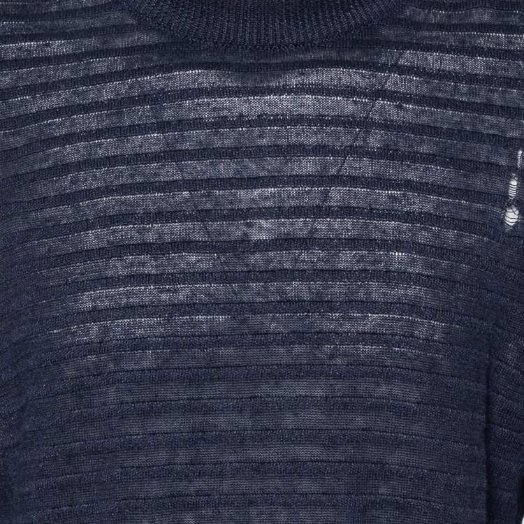 Pre Owned Balmain Navy Blue Linen Knit Shoulder Button Detail Distressed Sweater L