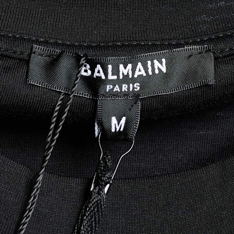 Pre Owned Balmain Black Logo Embroidered Cotton Crew Neck T-Shirt M