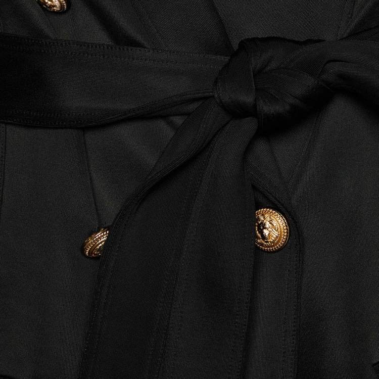 Pre Owned Balmain Black Jersey Belted Double Breasted Long Jacket M