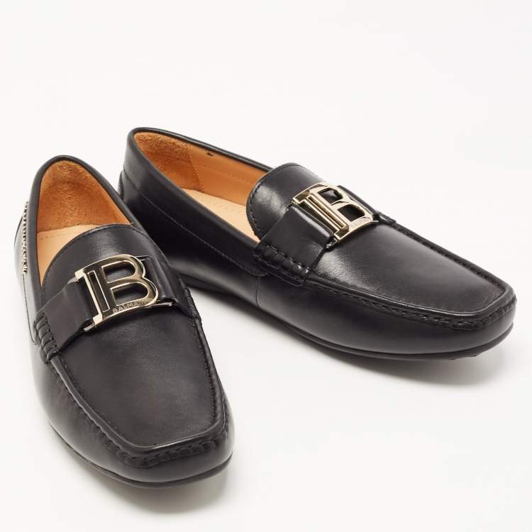 Pre Owned Balmain Black Leather Logo Loafers Size 40