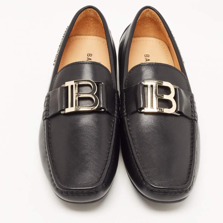 Pre Owned Balmain Black Leather Logo Loafers Size 40
