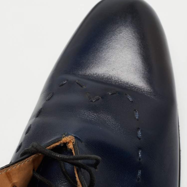Pre Owned Balmain Navy Blue Leather Lace Up Oxfords Size 42