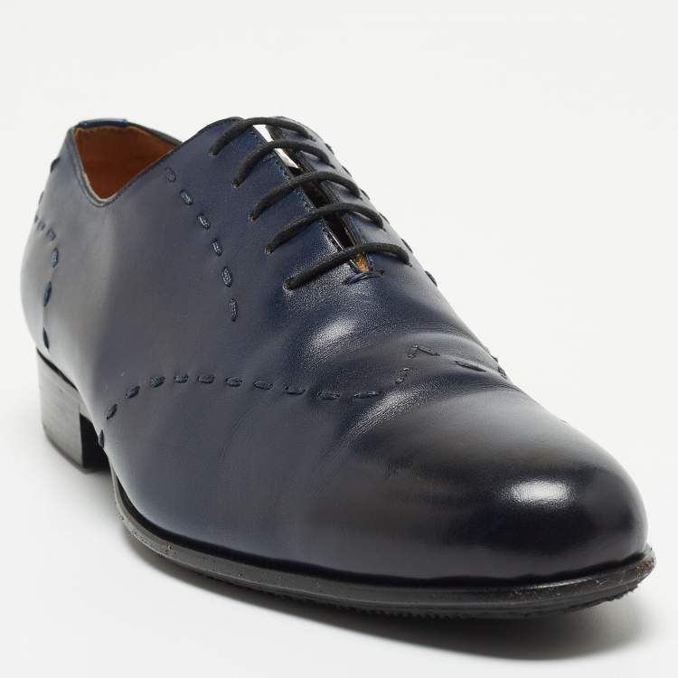 Pre Owned Balmain Navy Blue Leather Lace Up Oxfords Size 42