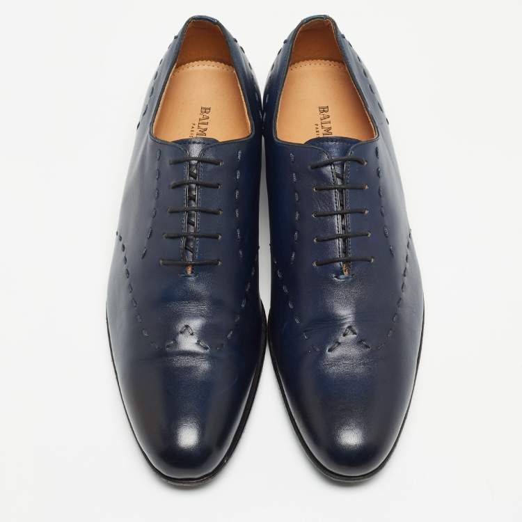 Pre Owned Balmain Navy Blue Leather Lace Up Oxfords Size 42