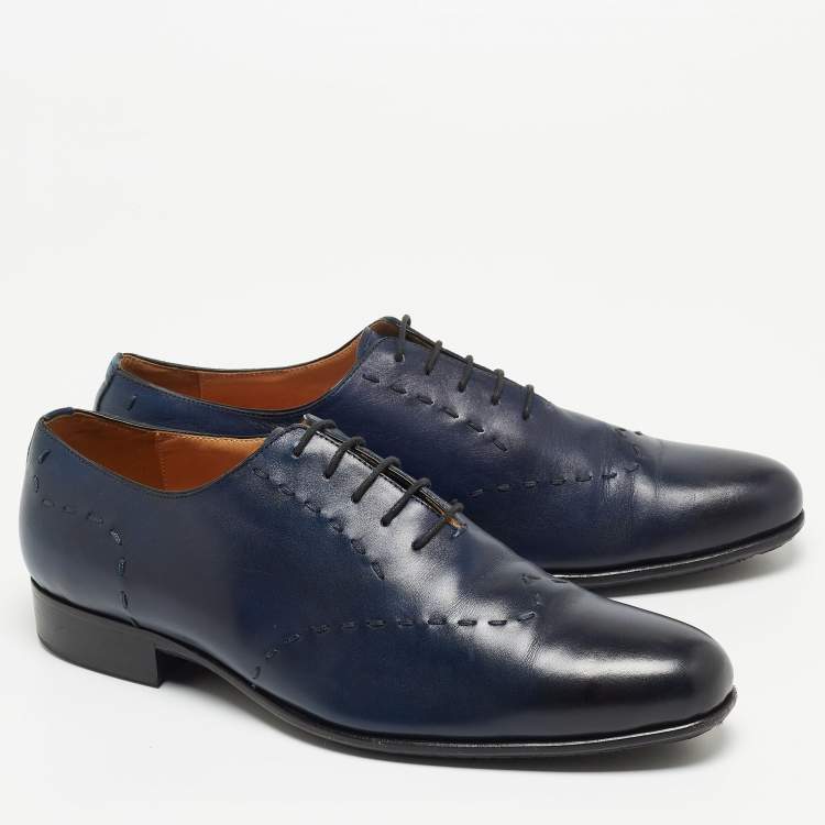 Pre Owned Balmain Navy Blue Leather Lace Up Oxfords Size 42