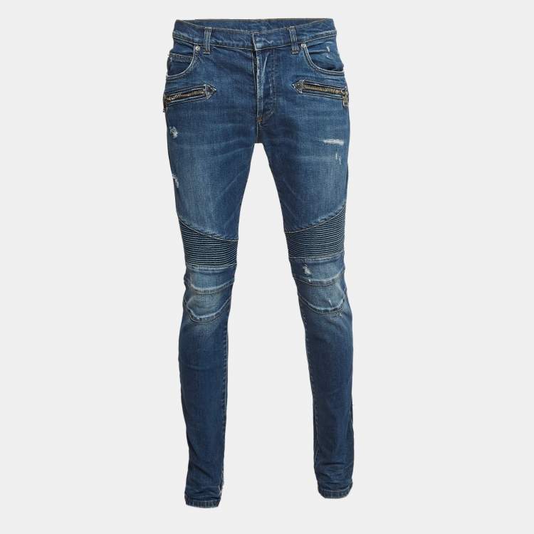 Pre Owned Balmain Blue Washed & Distressed Denim Jeans L Waist 36"