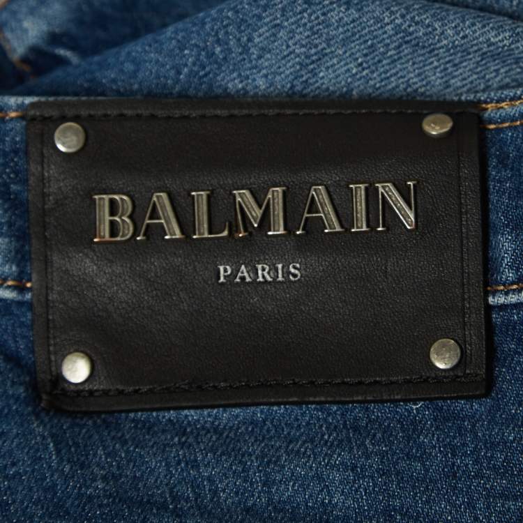 Pre Owned Balmain Blue Washed & Distressed Denim Jeans L Waist 36"