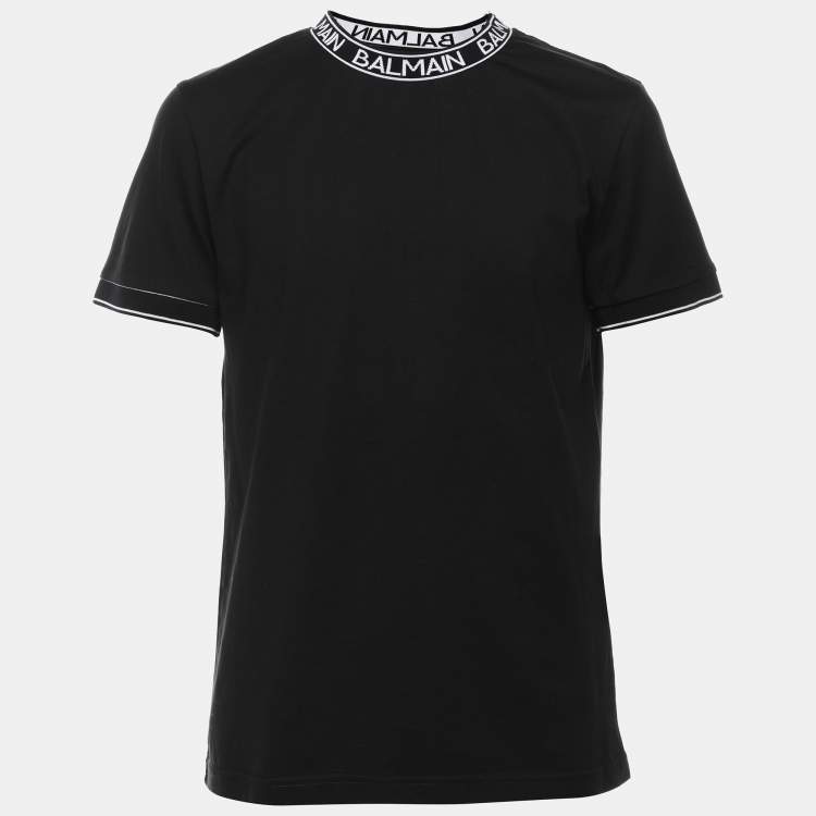 Pre Owned Balmain Black Cotton Crew Neck Logo T-Shirt M