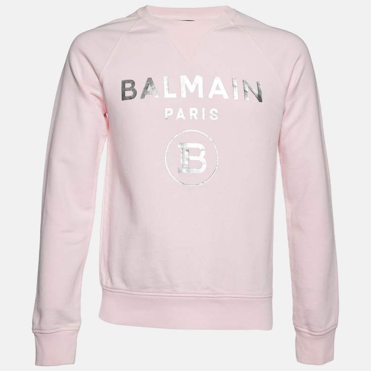 Pre Owned Balmain Pink Logo Print Cotton Crew Neck Sweatshirt S