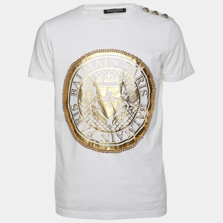 Balmain White Cotton Logo Print Chain Details T-Shirt M