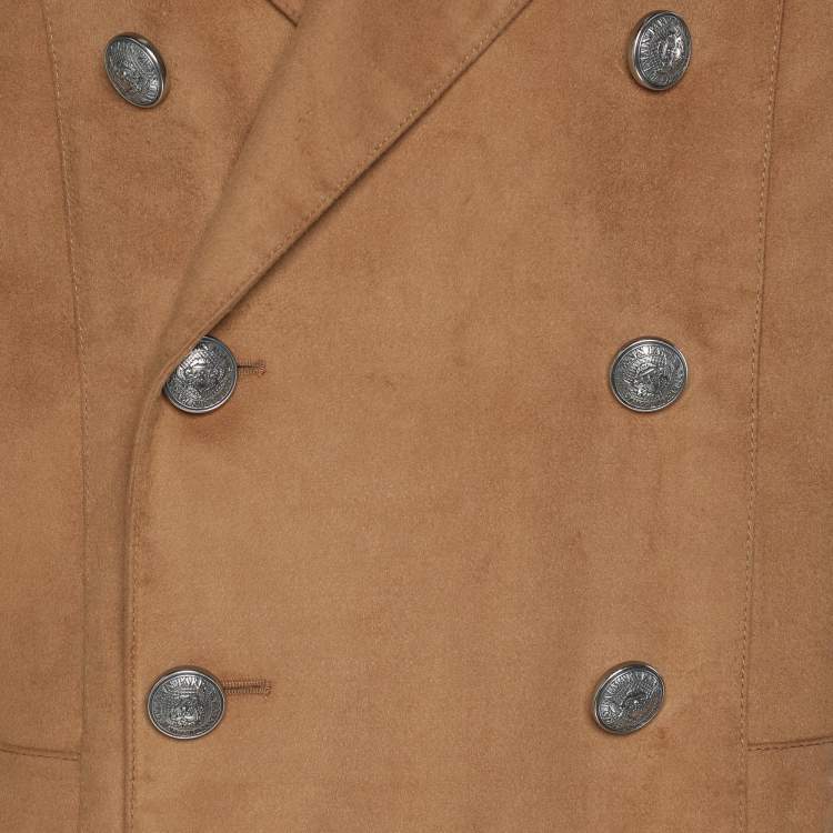 Pre Owned Balmain Beige Wool Blend Double Breasted Long Coat