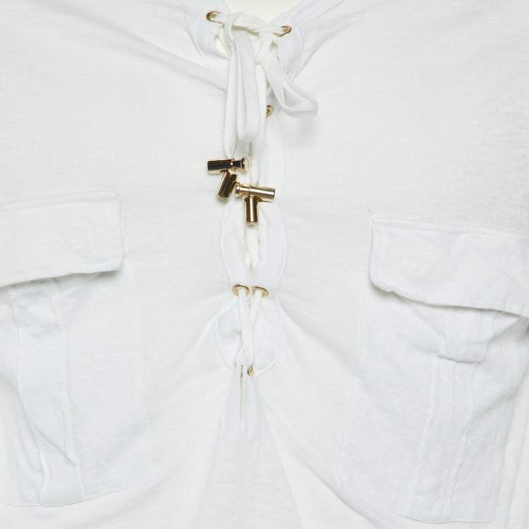 Pre Owned Balmain White Linen Lace-Up Long Sleeve T-Shirt M