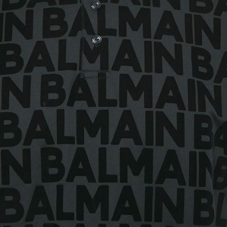 Pre Owned Balmain Black Logo Print Cotton Polo T-Shirt L