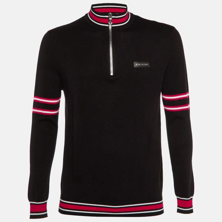 Pre Owned Balmain Black/Red Striped Knit Polo Jumper M