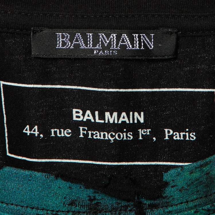 Pre Owned Balmain Black Cuba Printed Cotton Knit Distressed T-Shirt M