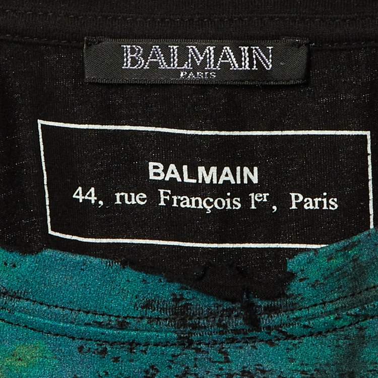Pre Owned Balmain Black Cuba Printed Cotton Knit Distressed T-Shirt M