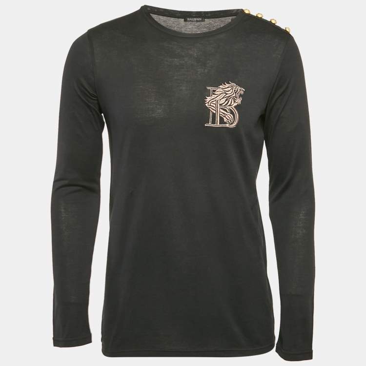 Pre Owned Balmain Navy Blue Embroidered Jersey Long Sleeve T-Shirt M