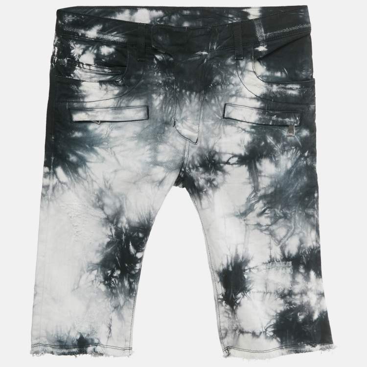 Pre Owned Balmain Black/ White Tie-Dye Frayed Hem Distressed Denim Shorts XS Waist 29"