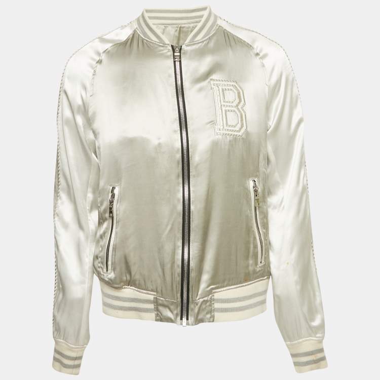 Pre Owned Balmain Grey Satin Bomber Jacket L