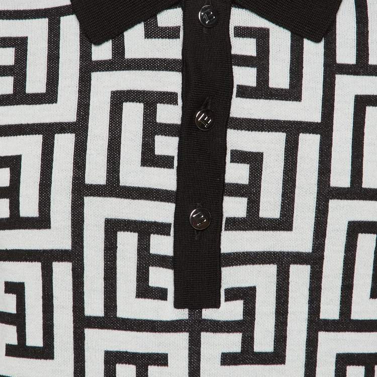 Pre Owned Balmain Black Monogram Wool & Linen Knit Polo T-Shirt M/L
