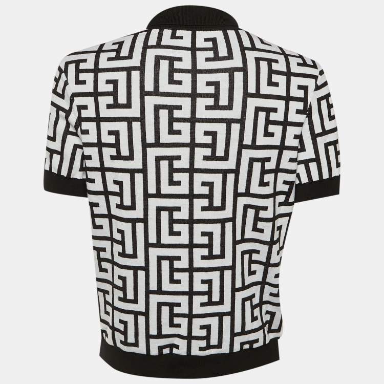 Pre Owned Balmain Black Monogram Wool & Linen Knit Polo T-Shirt M/L