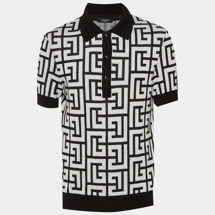Pre Owned Balmain Black Monogram Wool & Linen Knit Polo T-Shirt M/L
