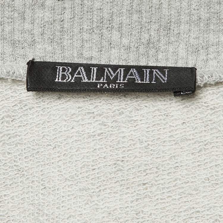 مملوكة مسبقًا Balmain Grey Metallic Logo Print Cotton Crew Neck Sweatshirt S