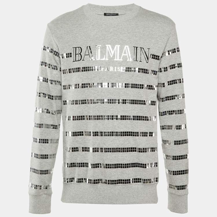 مملوكة مسبقًا Balmain Grey Metallic Logo Print Cotton Crew Neck Sweatshirt S