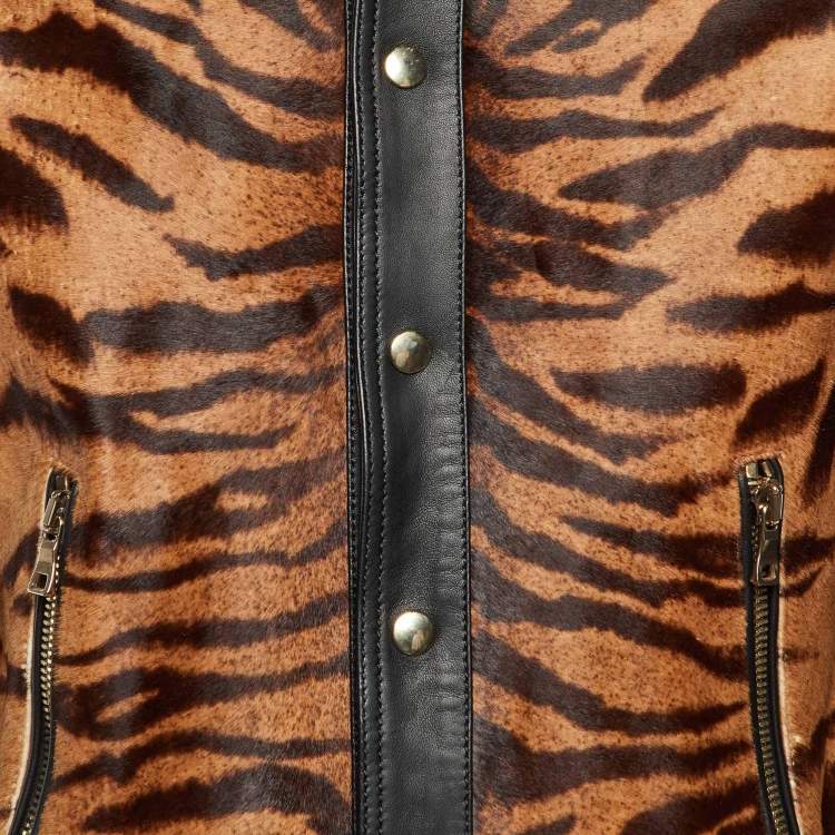 Pre Owned Balmain Black Animal Print Leather Tiger Embellished Bomber Jacket L