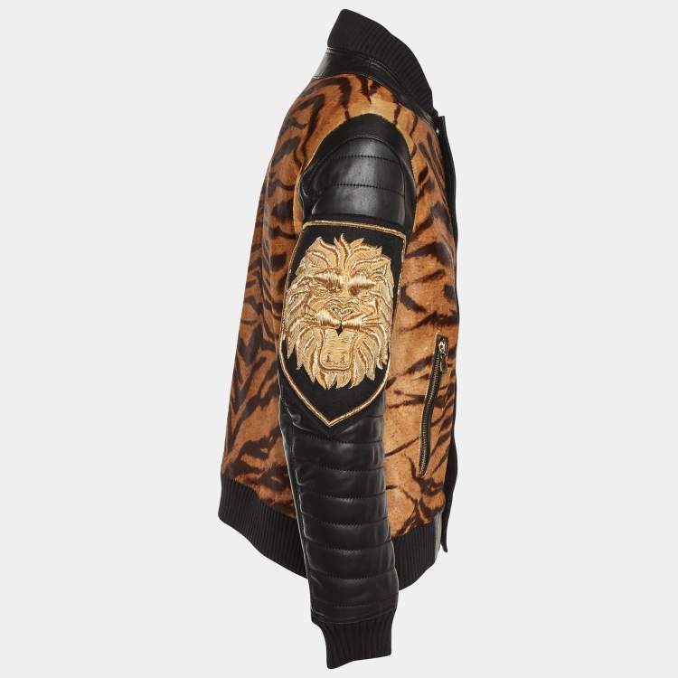 Pre Owned Balmain Black Animal Print Leather Tiger Embellished Bomber Jacket L