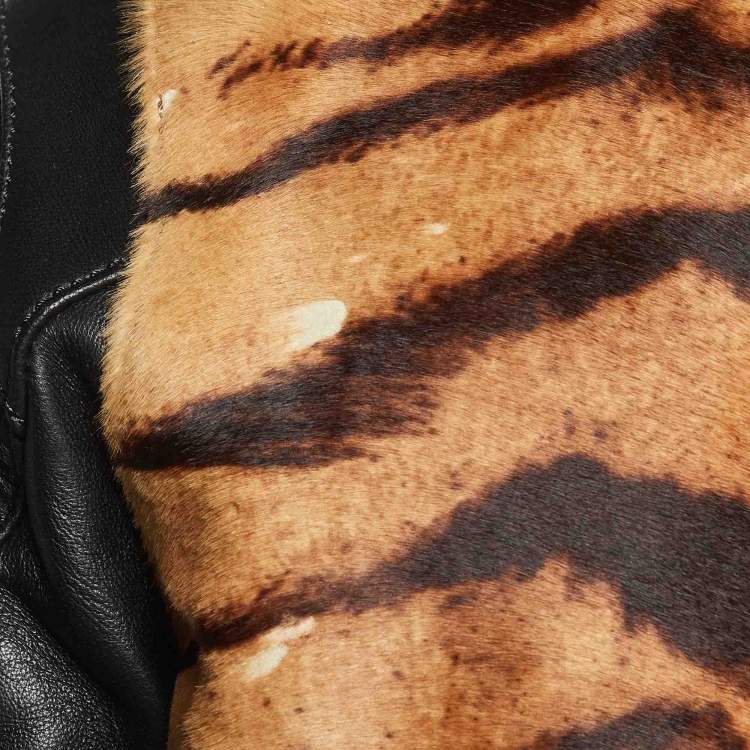 Pre Owned Balmain Black Animal Print Leather Tiger Embellished Bomber Jacket L