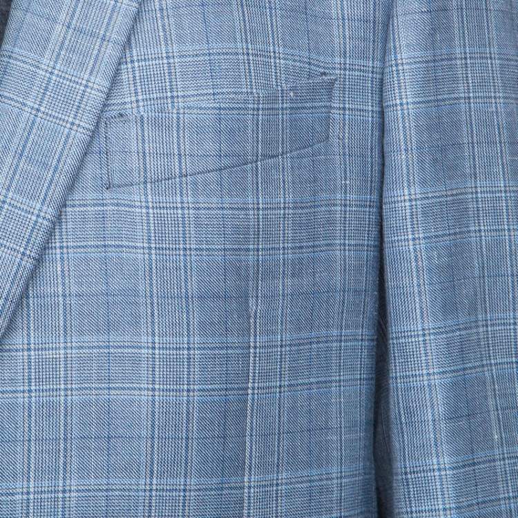 Pre Owned Balmain Blue Checkered Wool and Linen Slim Fit Soft Shoulder Blazer XXL