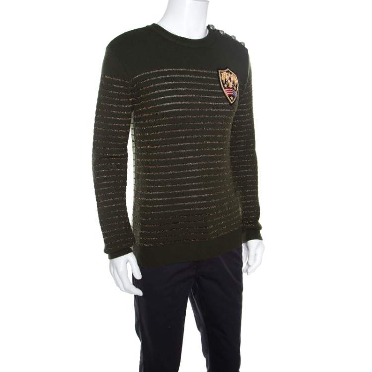 Pre Owned Balmain Military Green Striped Lurex and Merino Wool Crest Badge Detail Sweater L