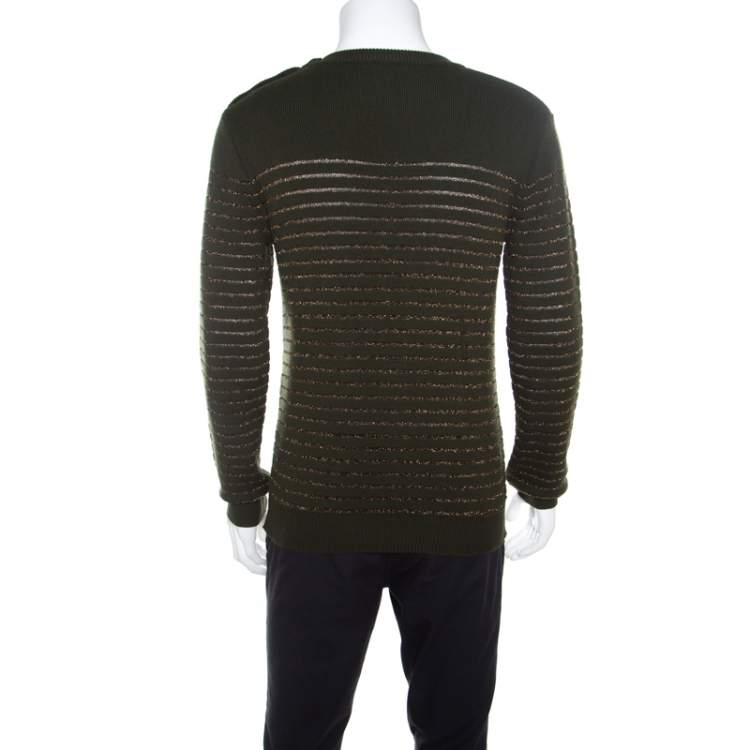 Pre Owned Balmain Military Green Striped Lurex and Merino Wool Crest Badge Detail Sweater L