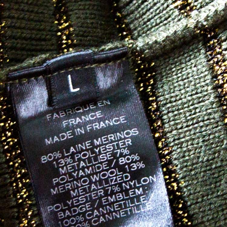 Pre Owned Balmain Military Green Striped Lurex and Merino Wool Crest Badge Detail Sweater L