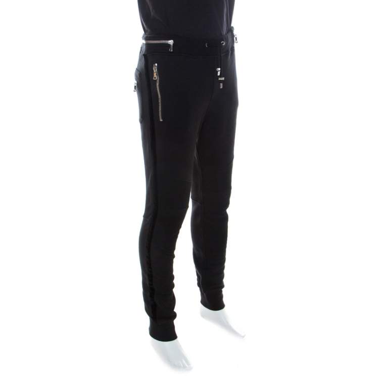Balmain Black Cotton and Velvet Side Paneled Biker Jogger Pants L 