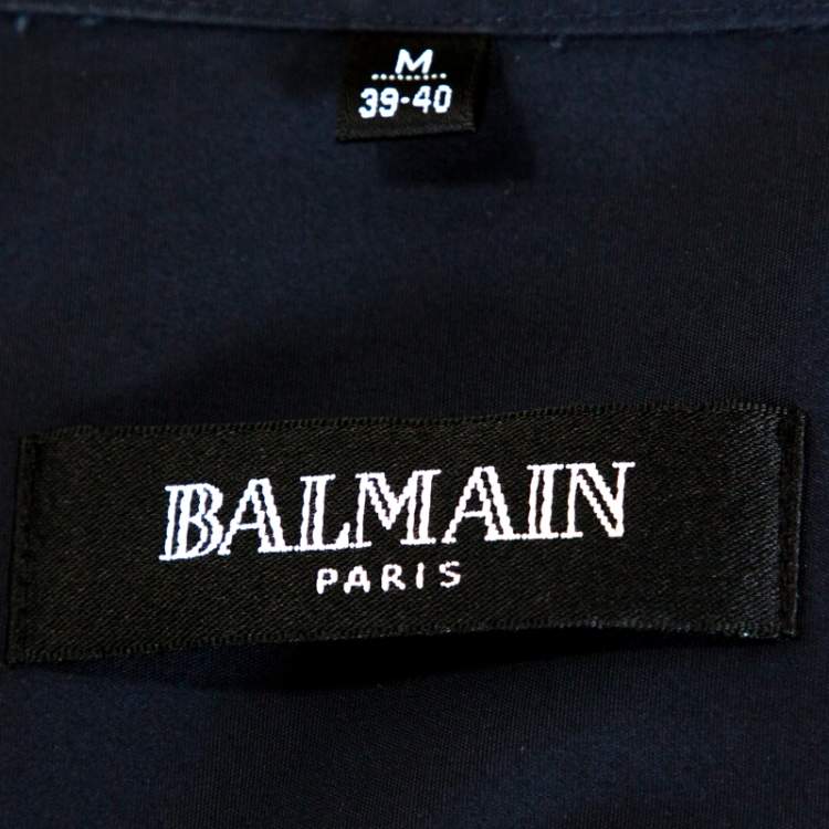 Pre Owned Balmain Navy Blue Logo Embroidered Cotton Casual Fit Shirt M