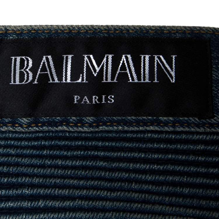 Pre Owned Balmain Blue Washed Out & Distressed Denim Biker Jeans S