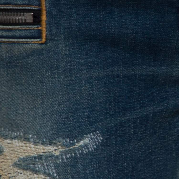 Pre Owned Balmain Blue Washed Out & Distressed Denim Biker Jeans S