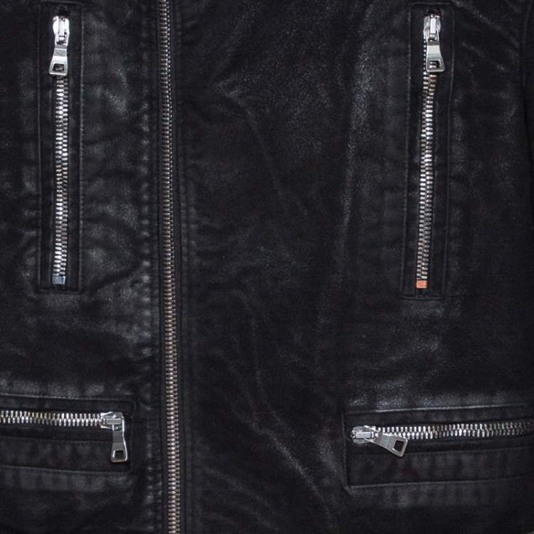 Pre Owned Balmain Black Coated Cotton Zip Front Biker Jacket S
