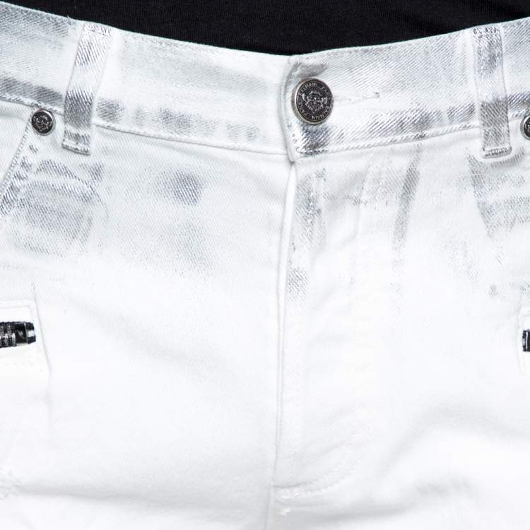 Pre Owned Balmain White Metallic Foil Print Distressed Skinny Biker Jeans M