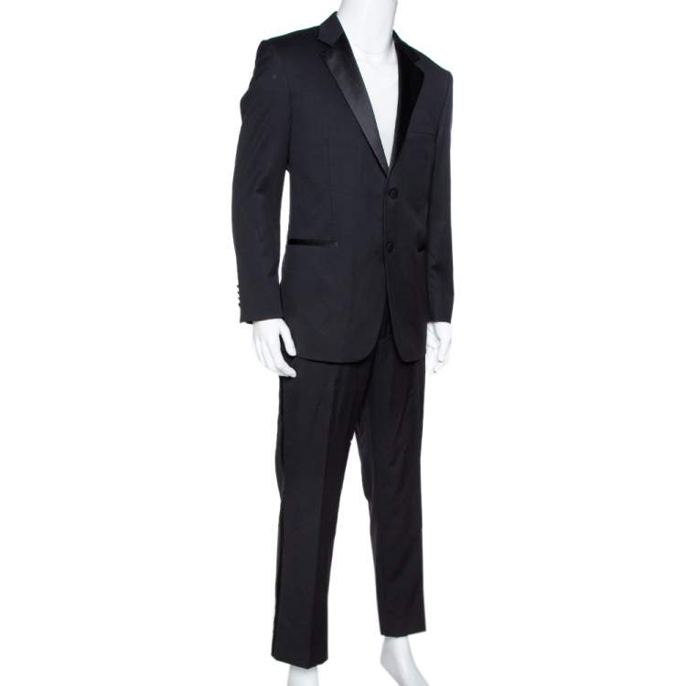 Pre Owned Balmain Black Wool Tuxedo Suit XXL