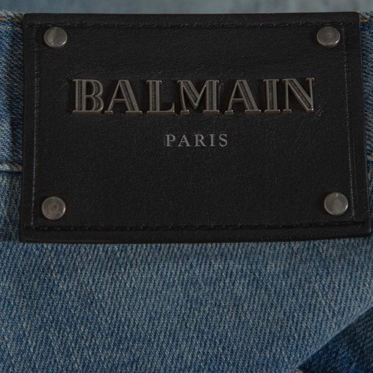 Pre Owned Balmain Blue Stonewashed Denim Skinny Biker Jeans L