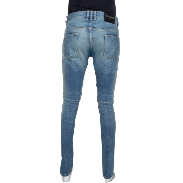 Pre Owned Balmain Blue Stonewashed Denim Skinny Biker Jeans L