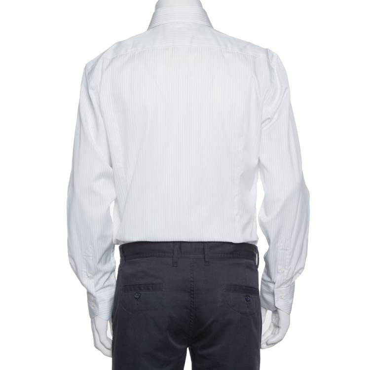 Pre Owned Balmain White Striped Cotton Button Front Slim Fit Two Ply Shirt L