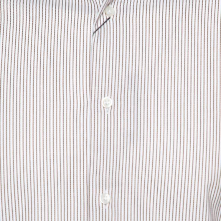 Pre Owned Balmain Cream & Brown Striped Cotton Button Front Slim Fit Two Ply Shirt L