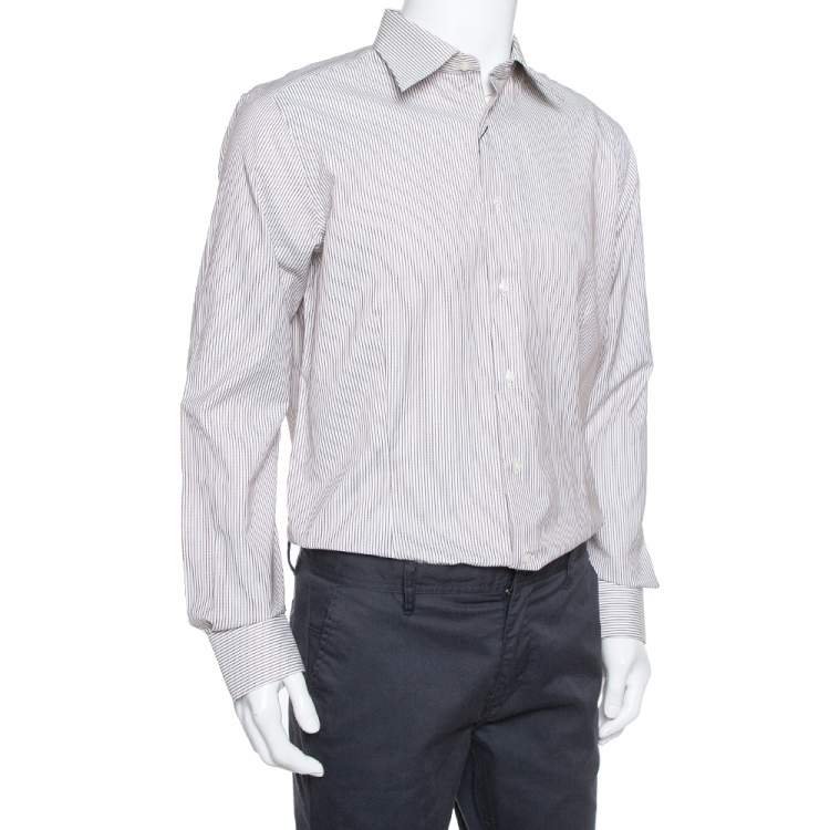 Pre Owned Balmain Cream & Brown Striped Cotton Button Front Slim Fit Two Ply Shirt L