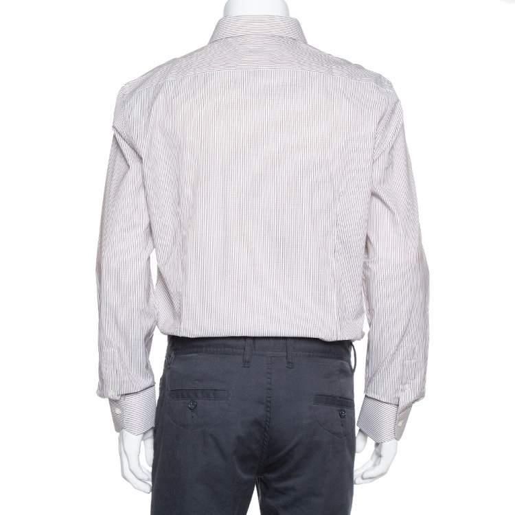 Pre Owned Balmain Cream & Brown Striped Cotton Button Front Slim Fit Two Ply Shirt L