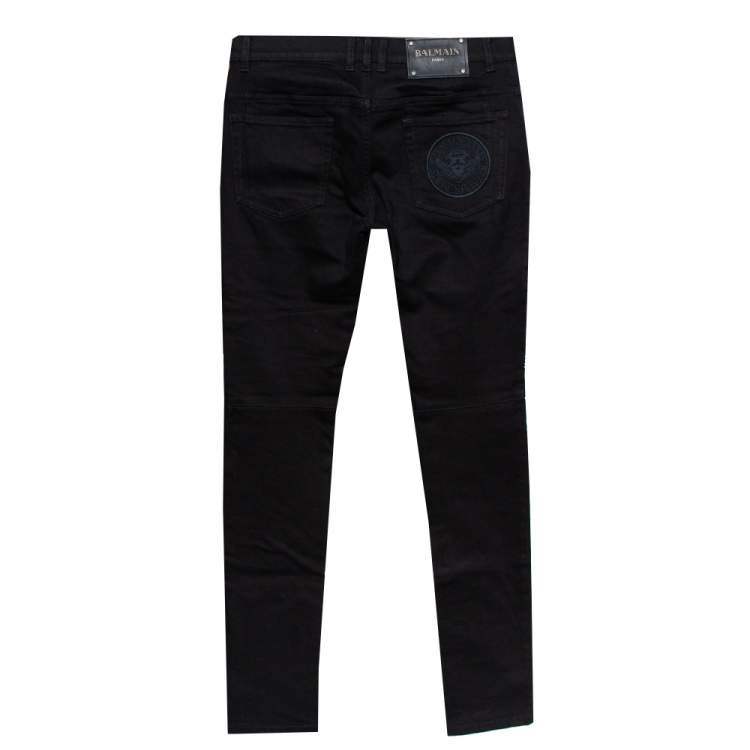 Pre Owned Balmain Black Denim Logo Embroidered Biker Jeans S